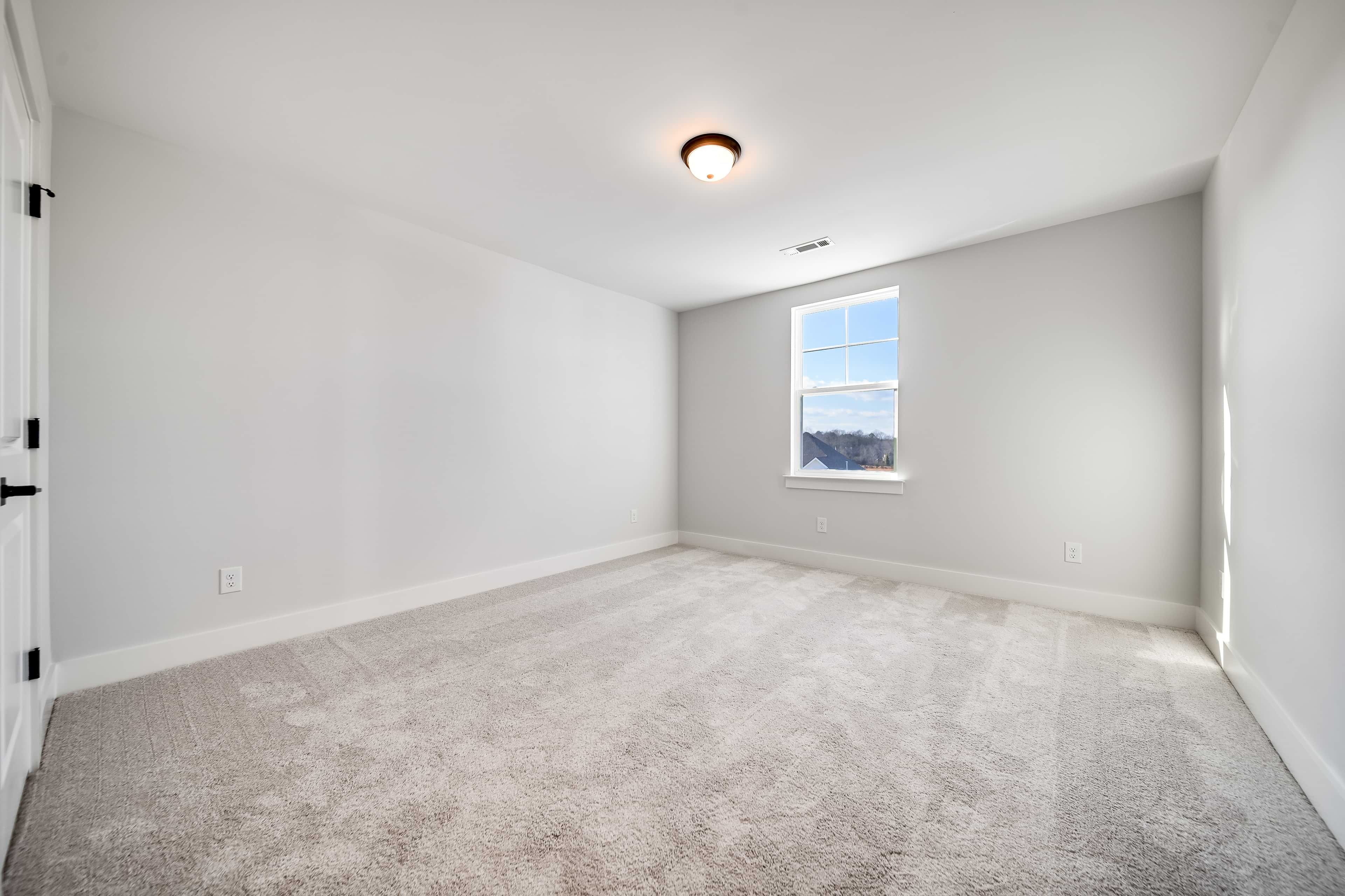 Elegant Empty Room with Carpet Flooring in Richvale Estates Spacious empty room with carpet flooring, white walls, window view, modern ceiling light, Richvale Estates.
