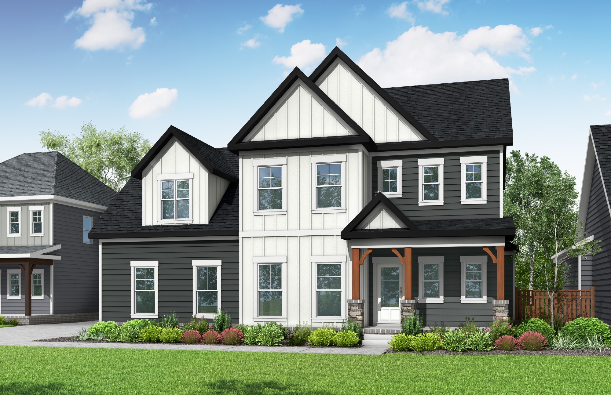 Luxury Gabled House in Richvale Estates with Stunning Architecture Elegant two-story black and white house with gabled roofs, Richvale Estates, surrounded by lush greenery.