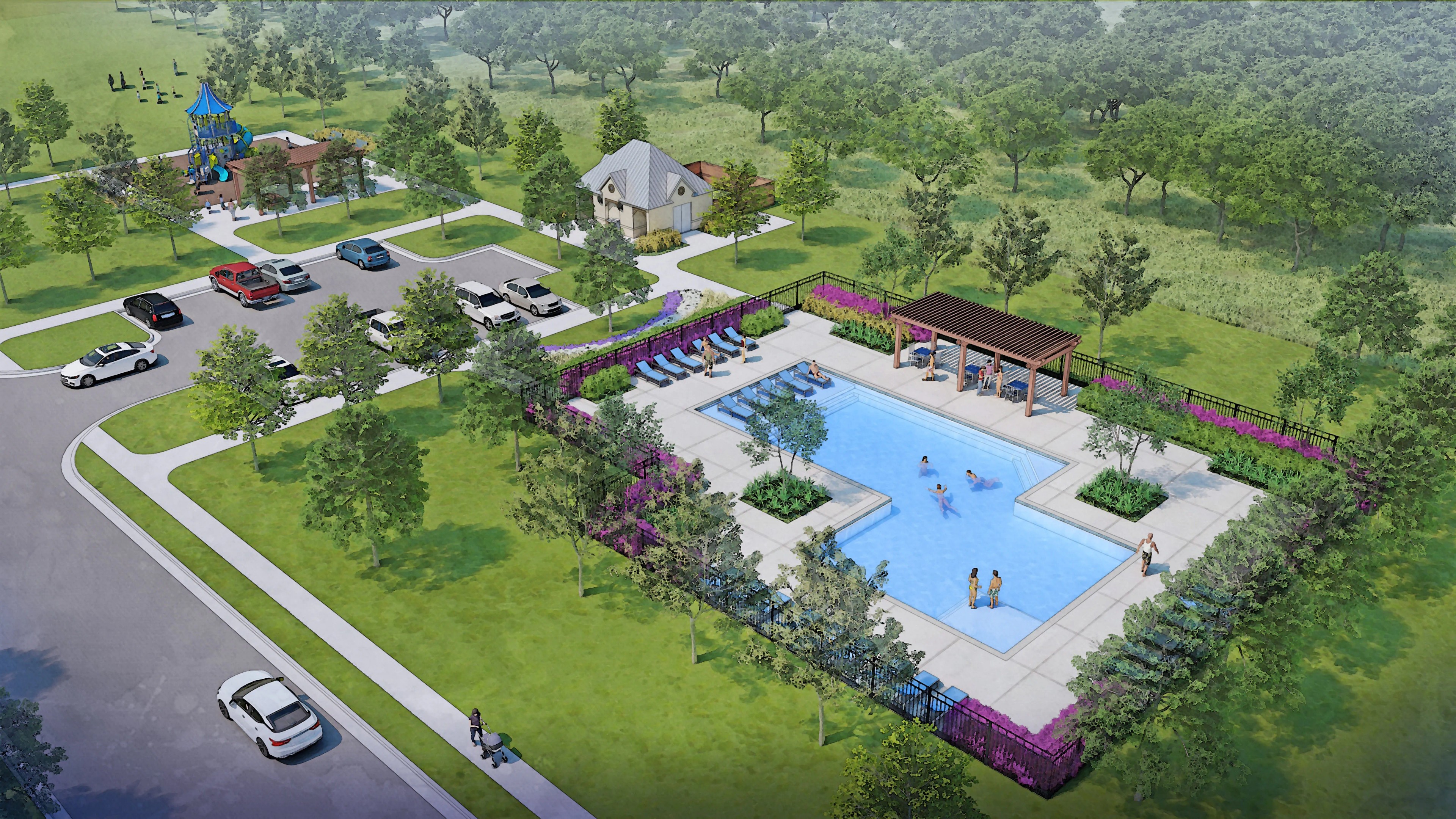 Anna Ranch Texas Community Pool and Recreation Area Community pool with pergola, playground, parking, lush greenery in Anna Ranch, Texas.
