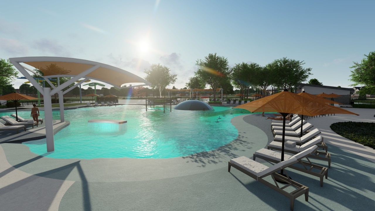Solterra Texas Luxury Pool with Cabanas and Loungers Resort-style pool with modern cabanas, sun loungers, and umbrellas in Solterra, Texas. Reflects luxury living amenities.