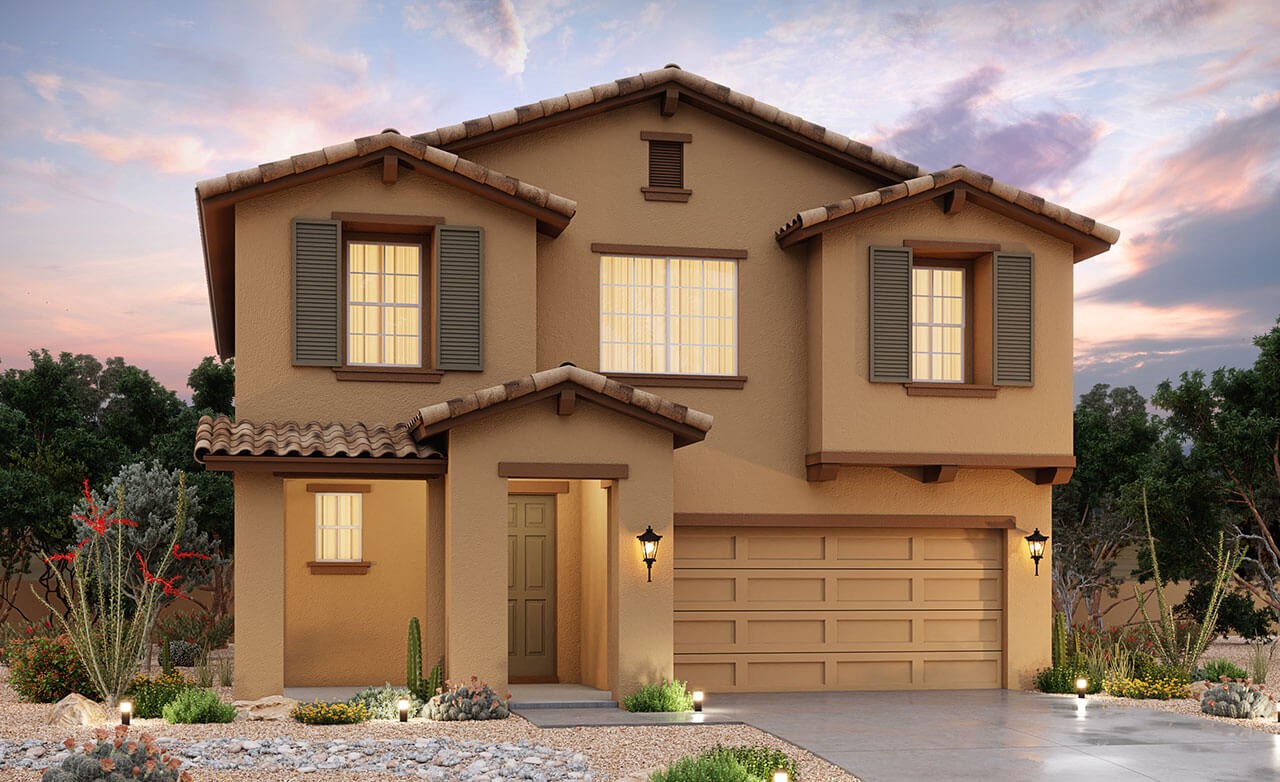 Modern single-family home design and architecture in 3D render. 3D render of a stucco single-family home showcasing modern residential design and architecture elements.