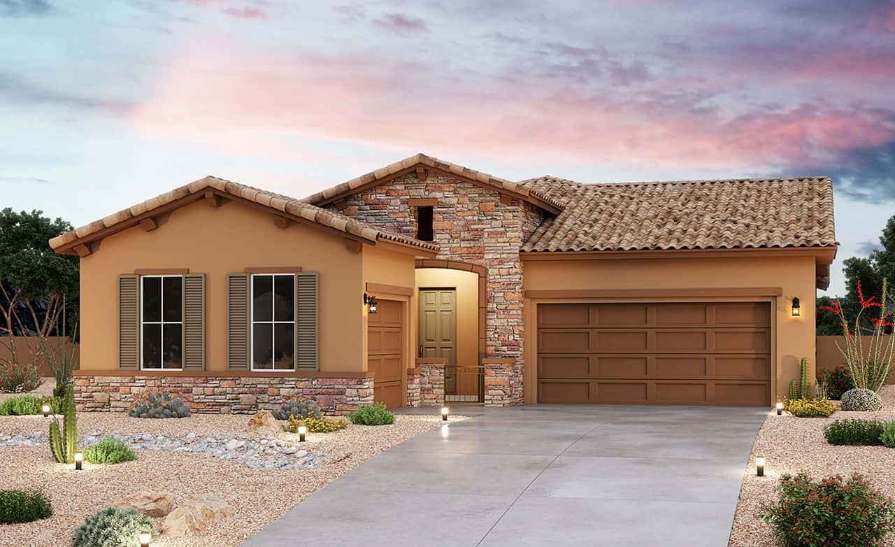 Residential Architecture Design: Modern Single-Family Home Render 3D render of single-family home showcasing stone facade design and residential architecture.