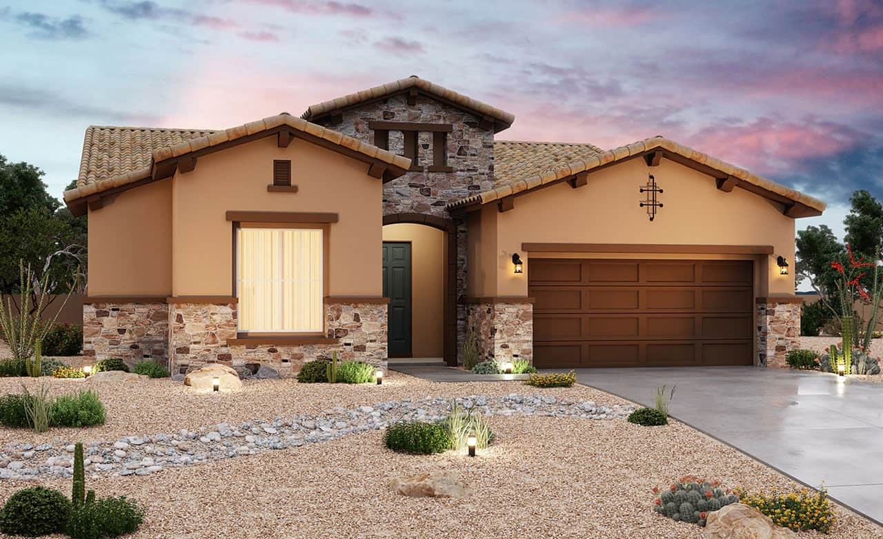 3D Residential Home Design: Modern Architectural Features 3D render of a single-family home highlighting stone design and modern architecture.