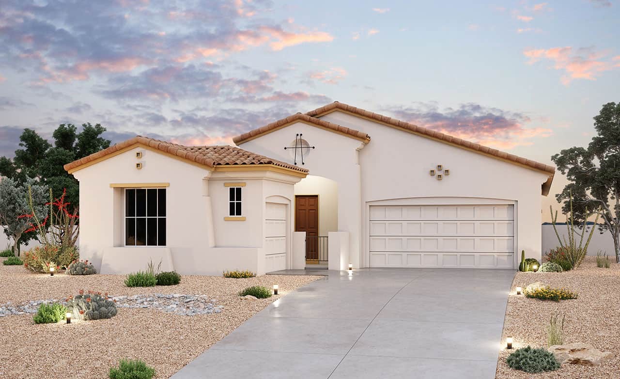 Modern Residential Home Design with Unique Architectural Features Modern single-family home with stucco exterior, tile roof, and garage showcasing residential design and architecture.