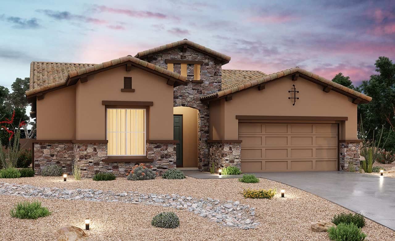 Modern Single-Family Home Design with Stone Architecture Elements 3D render of a single-family home showcasing stone and stucco design, highlighting residential architecture.