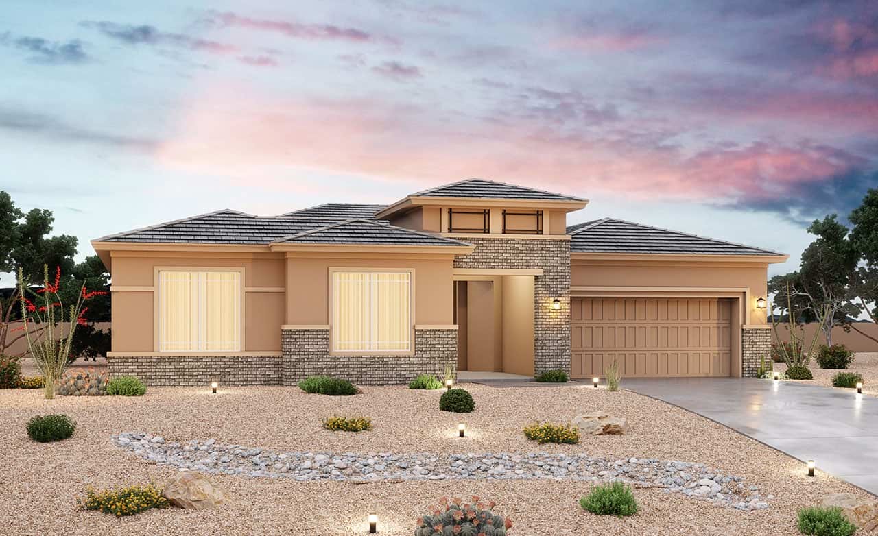 Modern Residential Single-Family Home Design and Architecture Modern single-family home design with stone and stucco architecture in residential area.