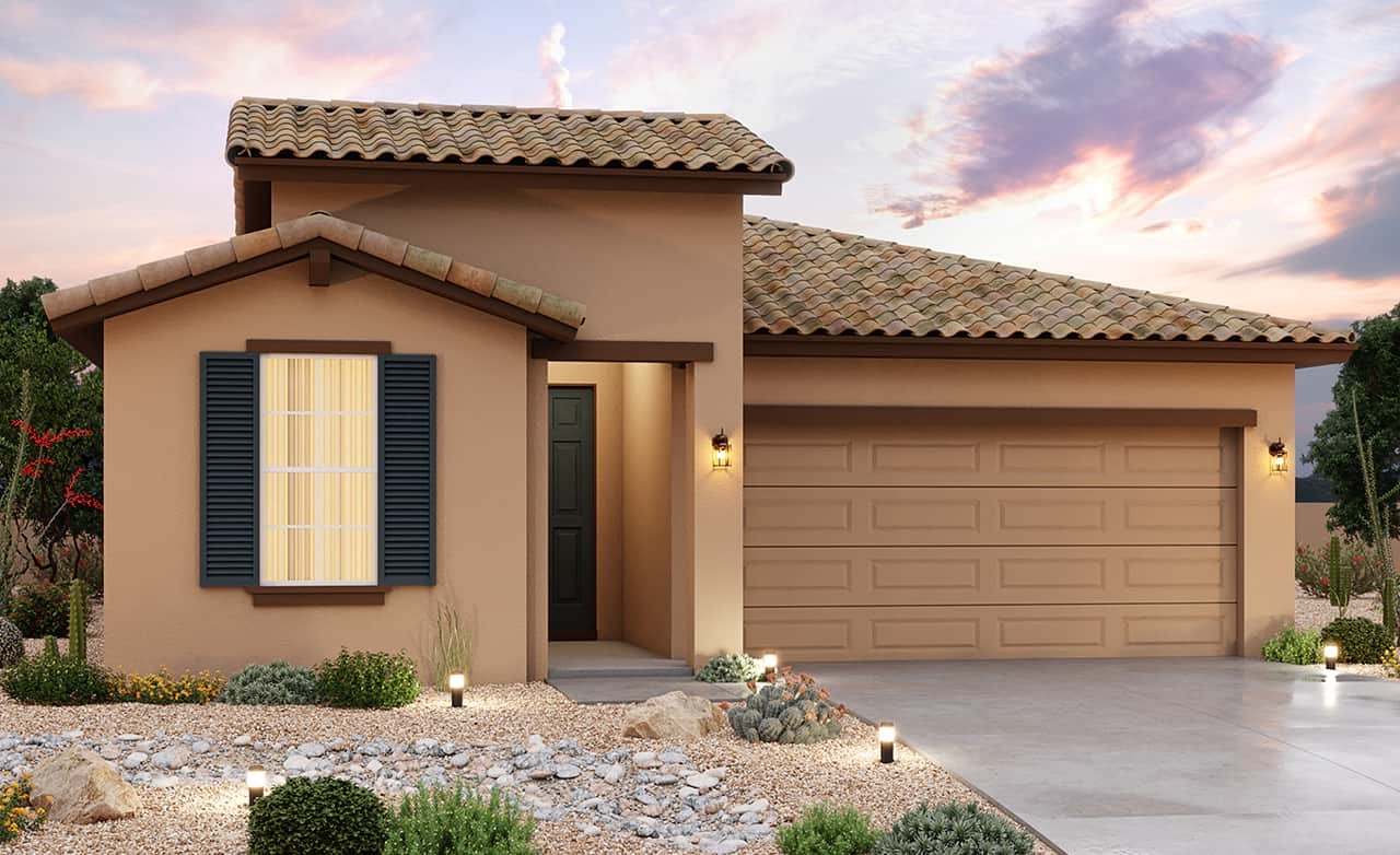 Modern Single-Family Home Design in Residential Architecture Modern single-family home design with stucco exterior, tiled roof, and double garage. Residential architecture focus.