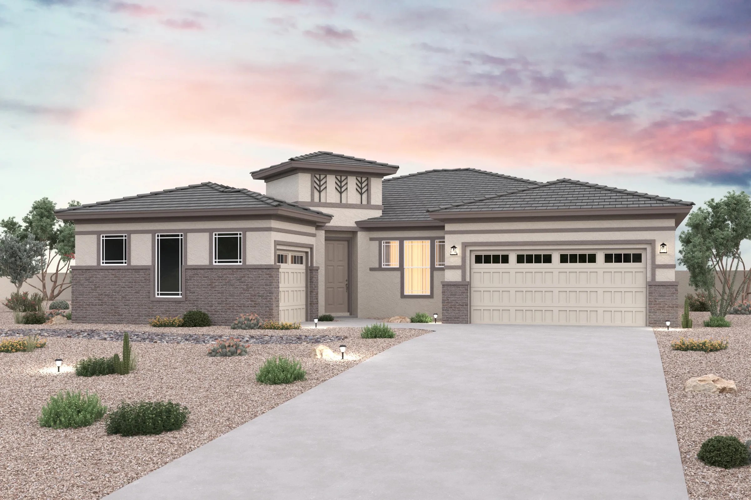Modern Residential Architecture: Single-Family Home Design Render Modern single-family home design with brick and stucco architecture, 3D render showcasing residential features.