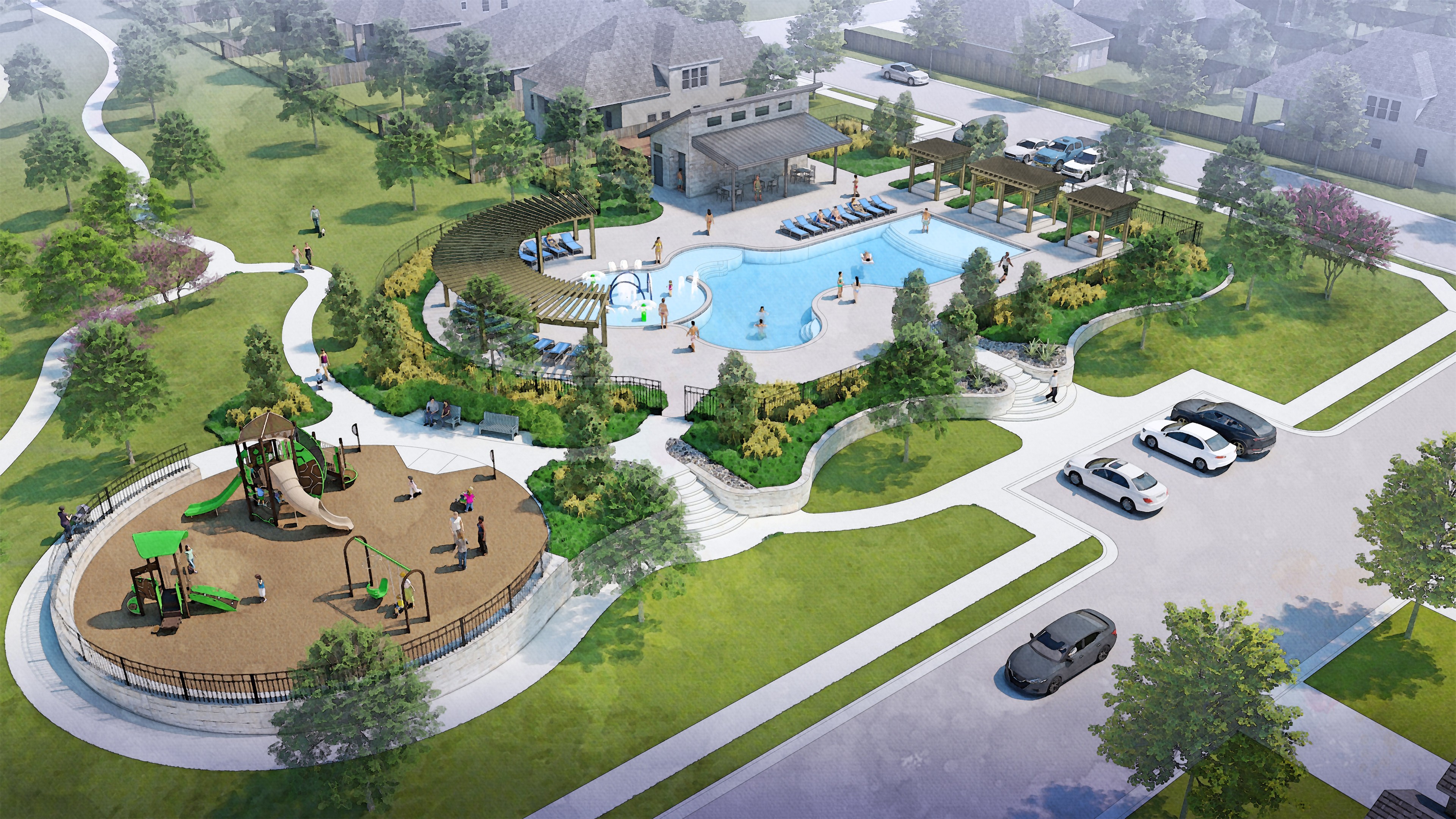 Simpson Crossing Community Park Aerial View with Pool and Playground Aerial view of community park with pool, playground, pathways, and landscaping in Simpson Crossing neighborhood.