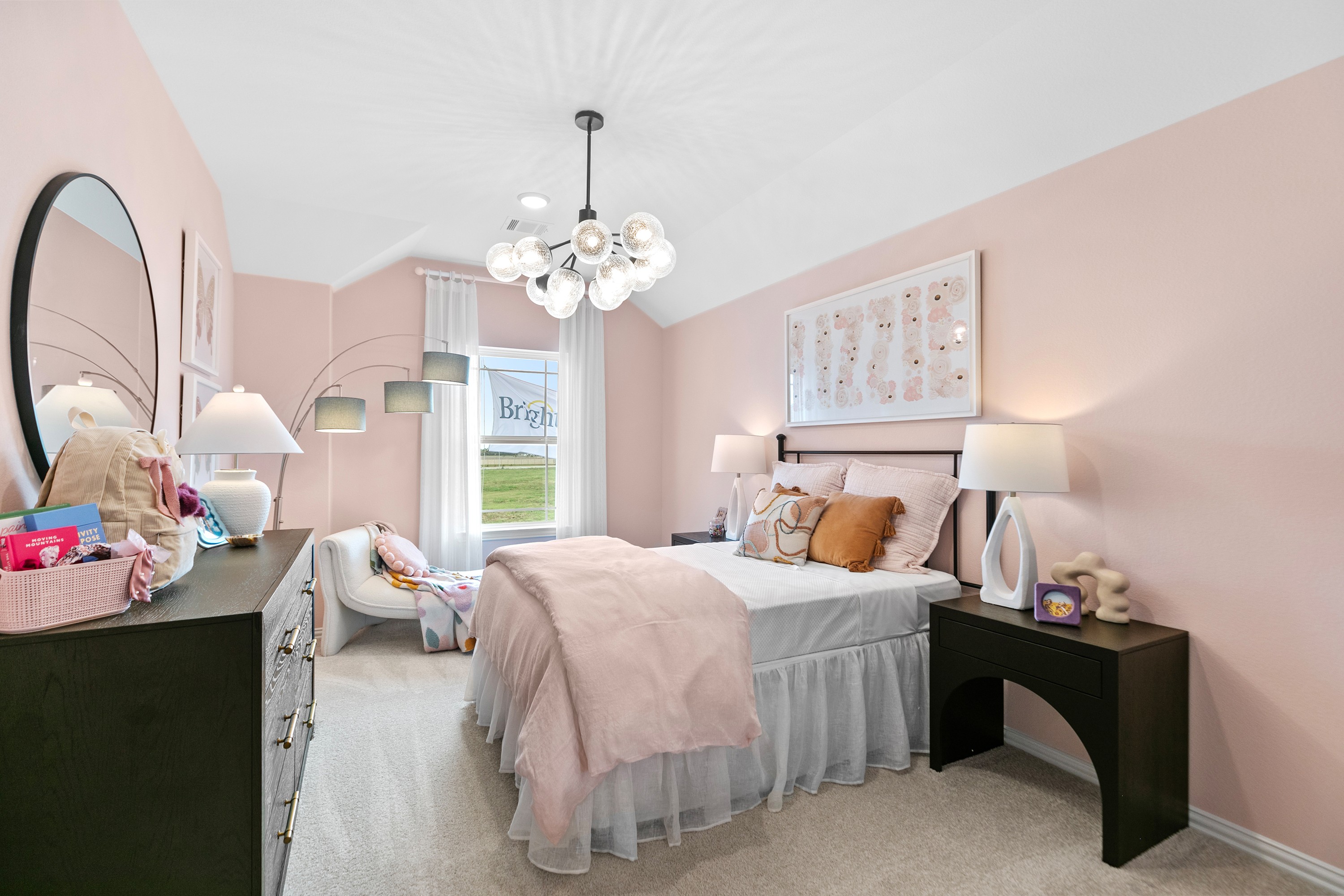 Luxurious Pink Bedroom Design in River Ranch Community Elegant pink bedroom with modern chandelier, plush bedding, and sleek furniture in River Ranch community.