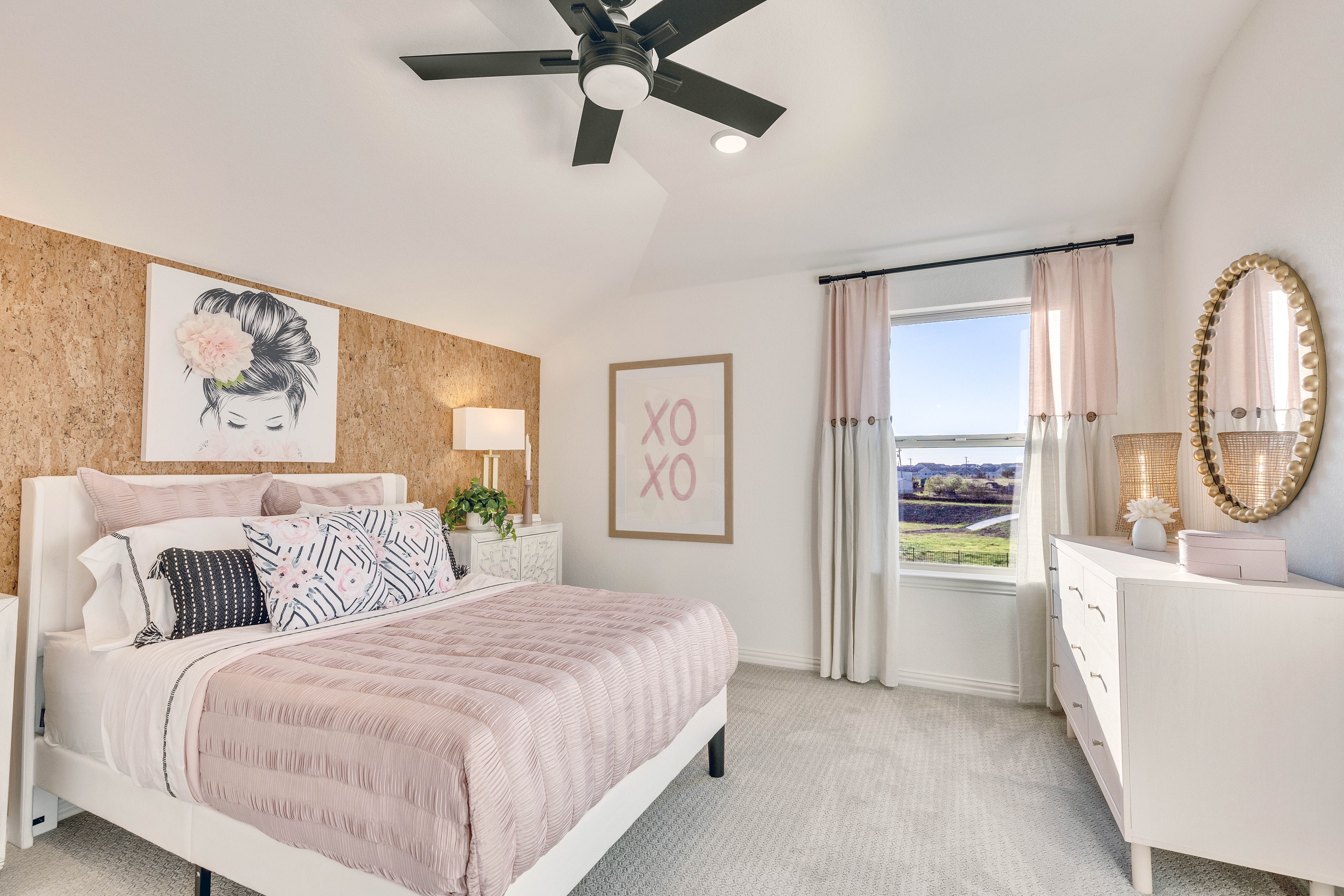 Elegant Bedroom with Cork Wall in Creeks Crossing Chic bedroom with cork accent wall, elegant ceiling fan, large window. Creeks Crossing, luxurious design.
