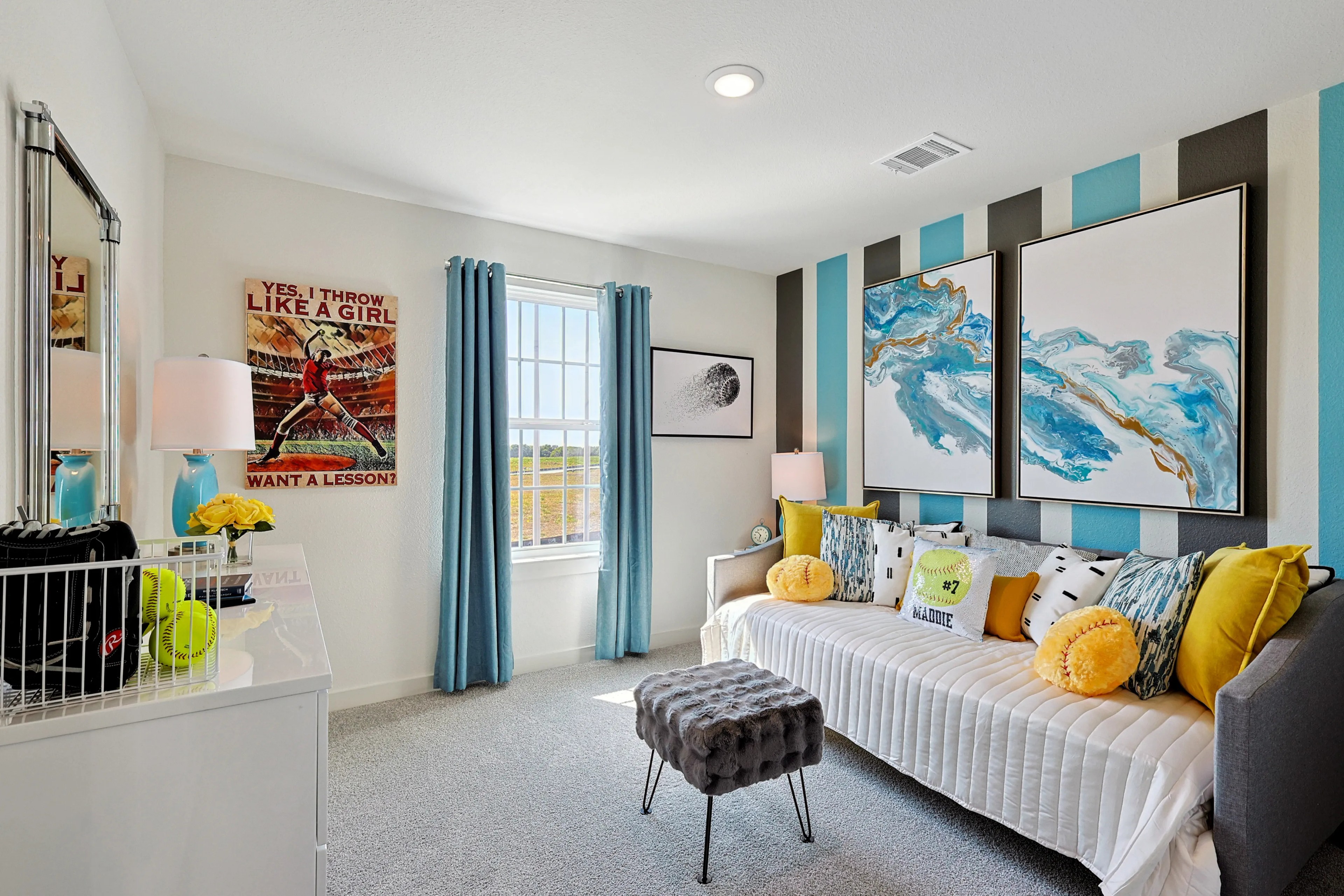 Stylish Kids' Room with Art in Patriot Estates Chic kids' room with striped accent wall, textured art, and soft natural light in Patriot Estates.