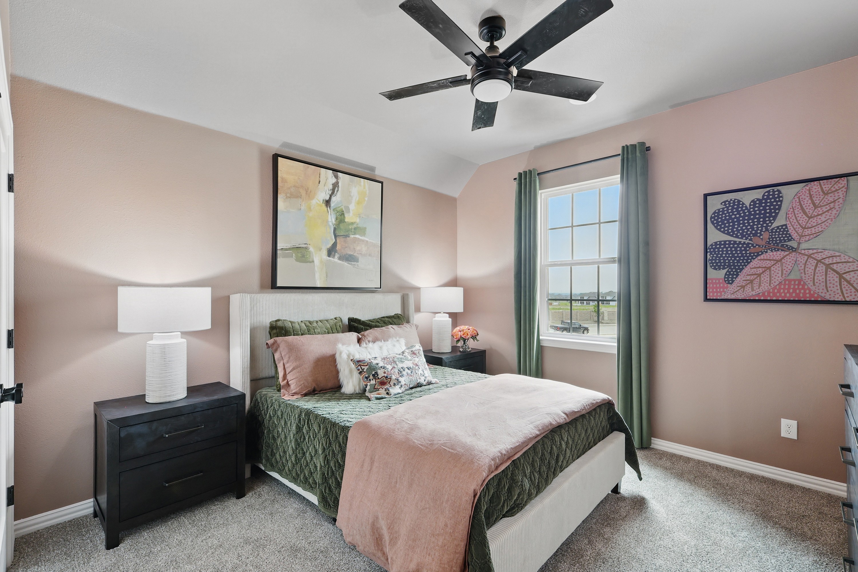 Elegant Bedroom Design in Westridge Community with Modern Features Bedroom with elegant decor, featuring modern ceiling fan, large window, and wall art in Westridge community.