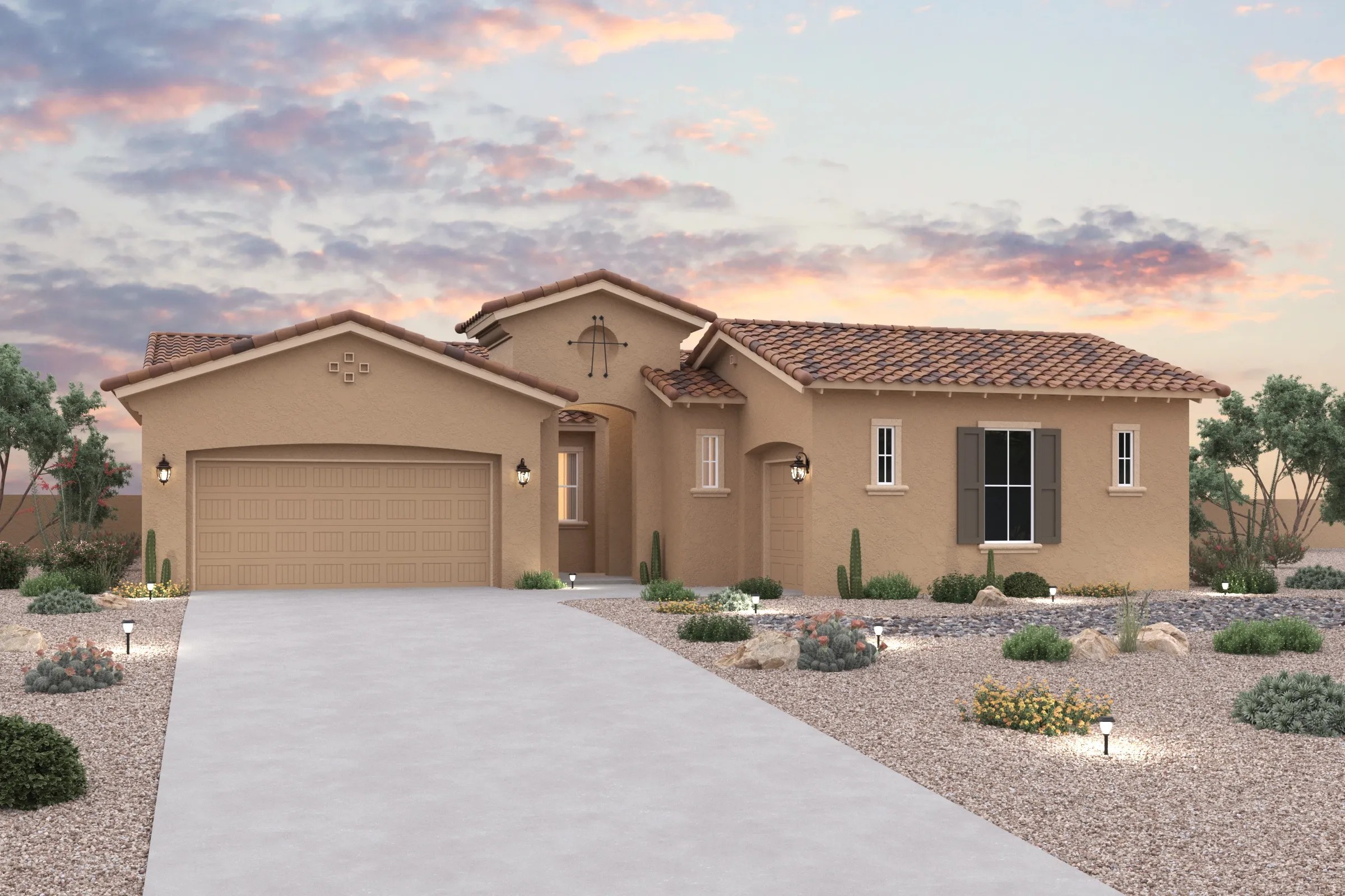 Modern Single-Family Home Design with Stunning Architectural Features 3D render of a stucco single-family home with terracotta roof showcasing modern residential design and architecture.