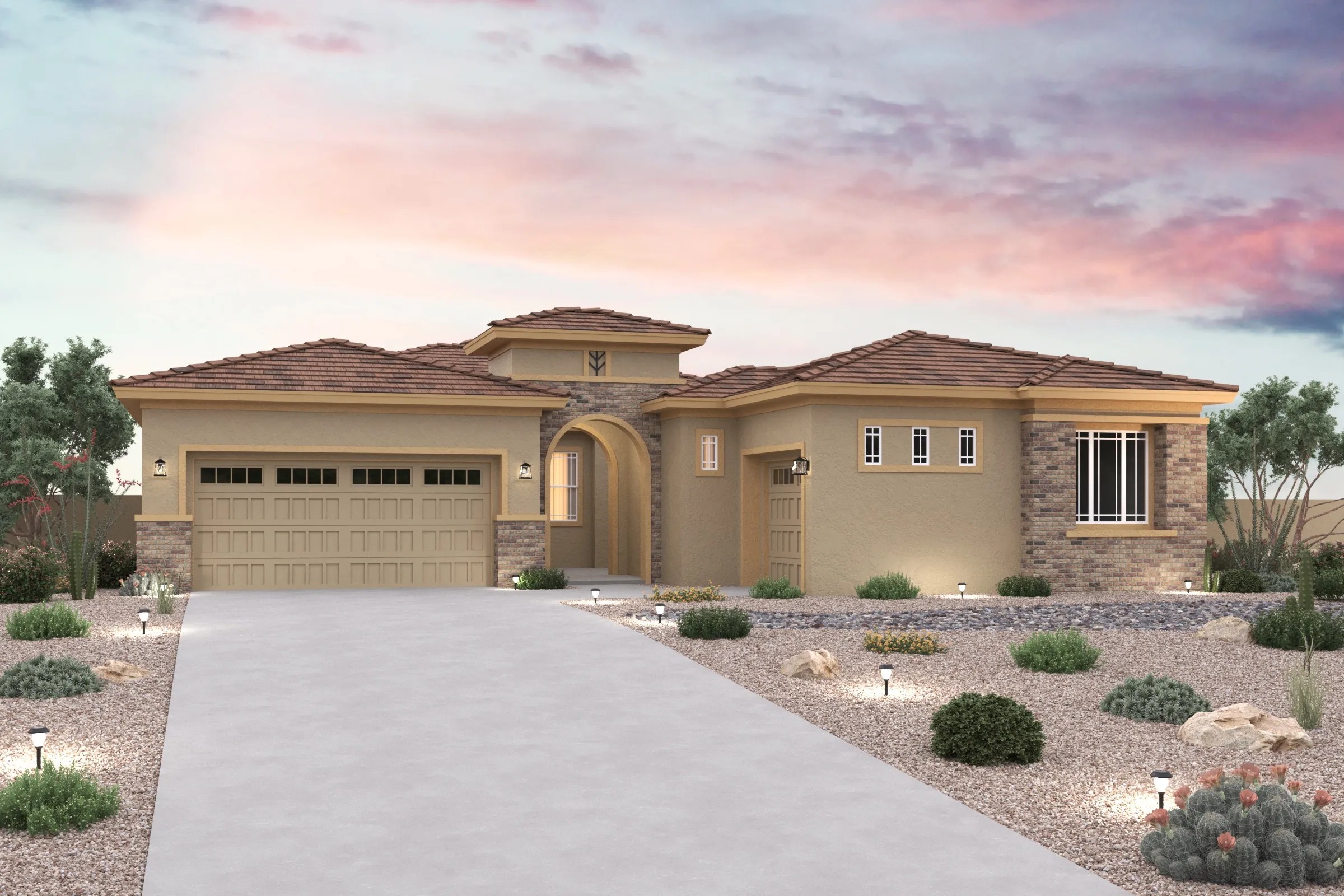 Single-Family Home Design with Modern Residential Architecture Modern single-family home design with stone accents and archway showcasing residential architecture.