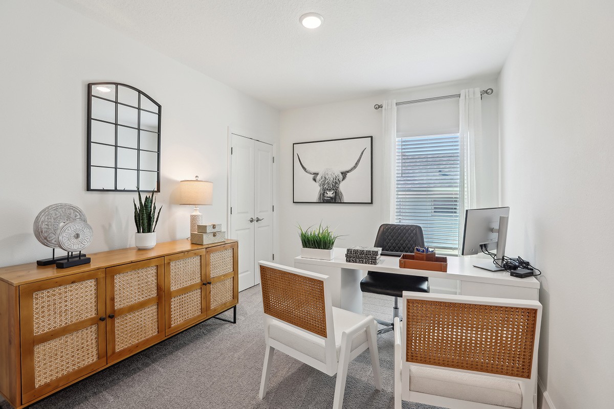 Stylish Home Office Design in Spring Hill Residence Modern home office with wood furniture, woven chairs, and art in Spring Hill.