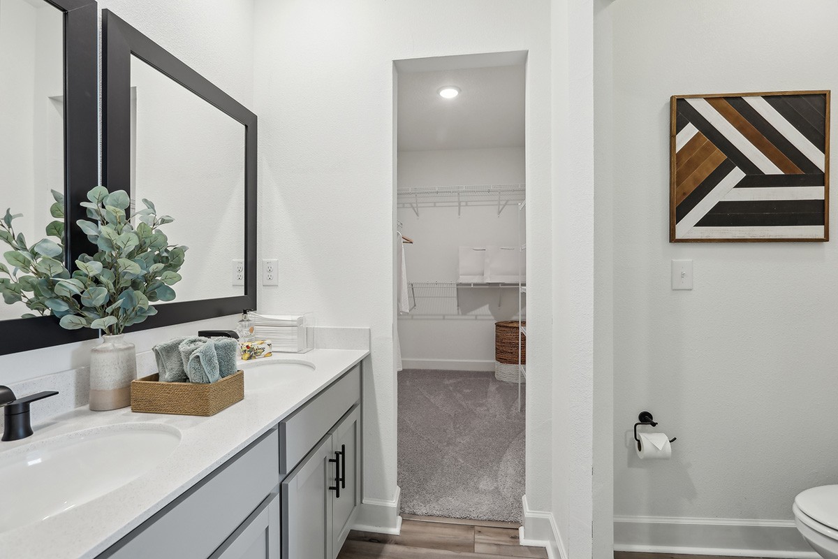 Elegant Bathroom with Dual Sinks and Walk-In Closet Modern bathroom with dual sinks, framed mirrors, Spring Hill walk-in closet.