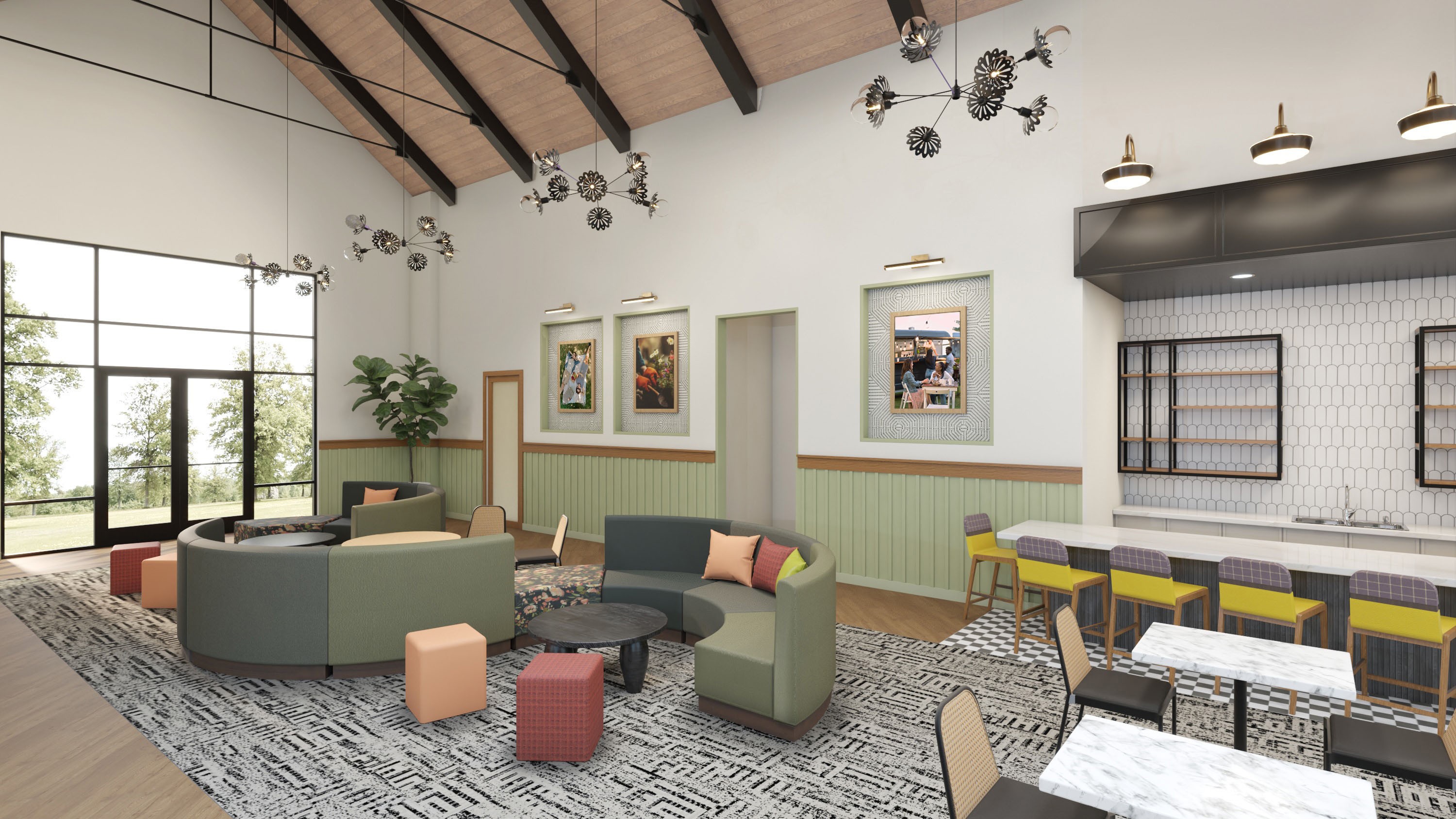 Contemporary Lobby Design with Vaulted Ceiling in Flora Community Modern lobby with vaulted ceiling, stylish lighting, abstract art, and large windows. Located in Flora community.