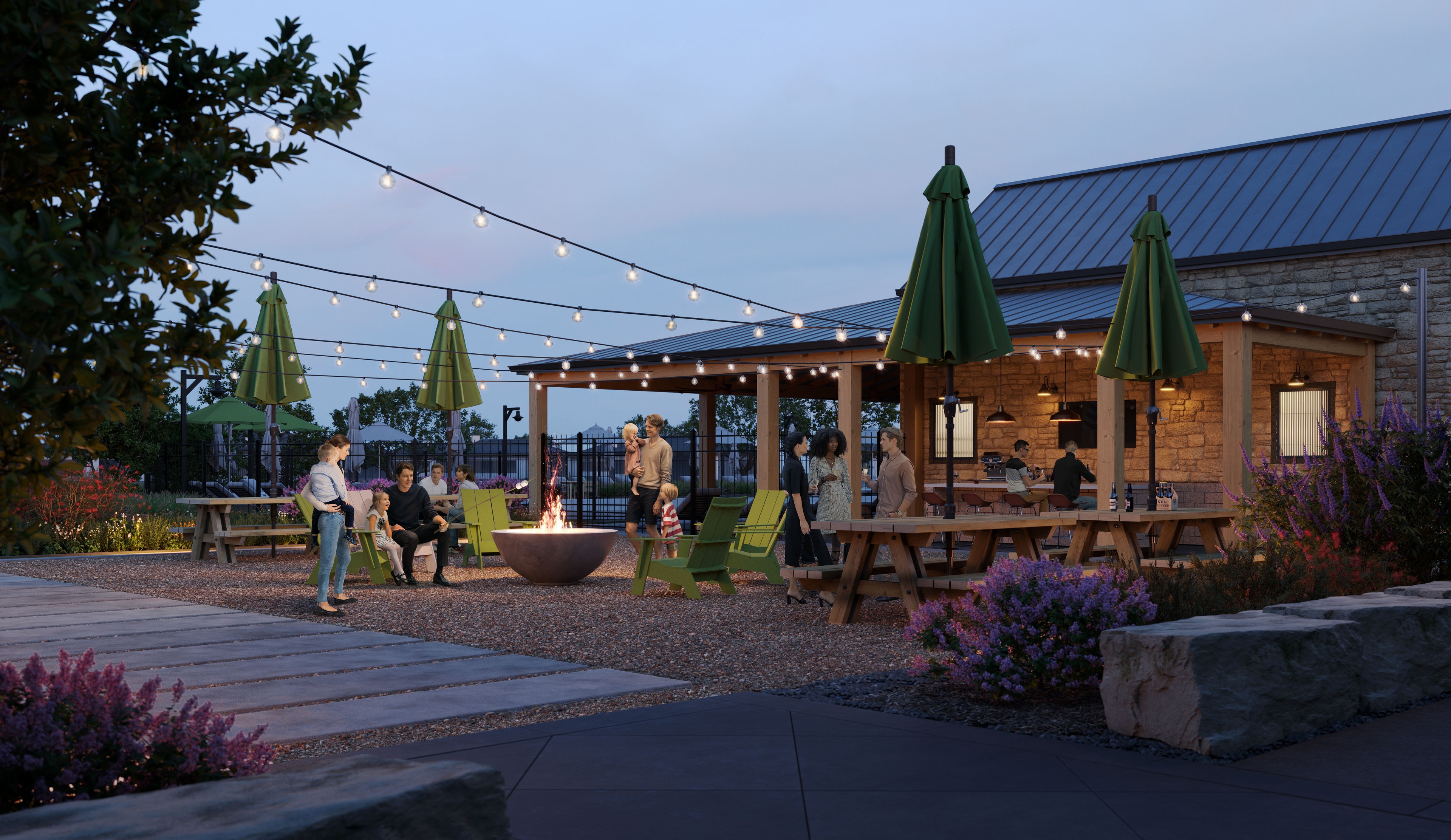 Evening Gathering in Flora Community Outdoor Area Outdoor seating area with fire pit, string lights, people enjoying evening, Flora community, stone architecture elements.