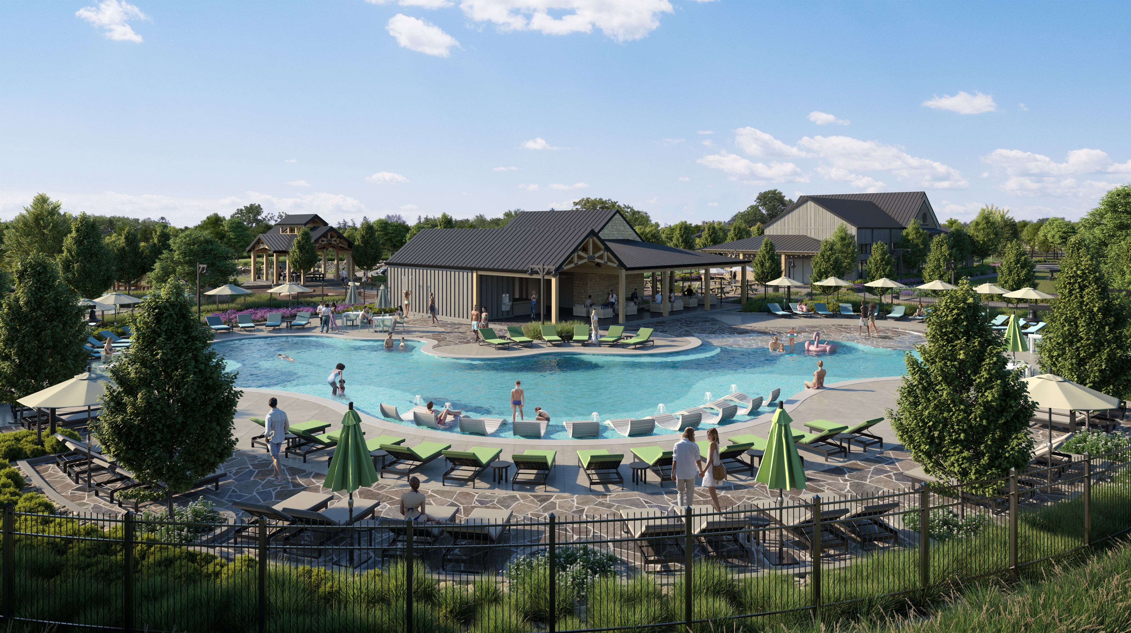 Luxurious Pool and Clubhouse in Flora Community Luxurious community pool with loungers, modern clubhouse, surrounded by greenery in Flora community.