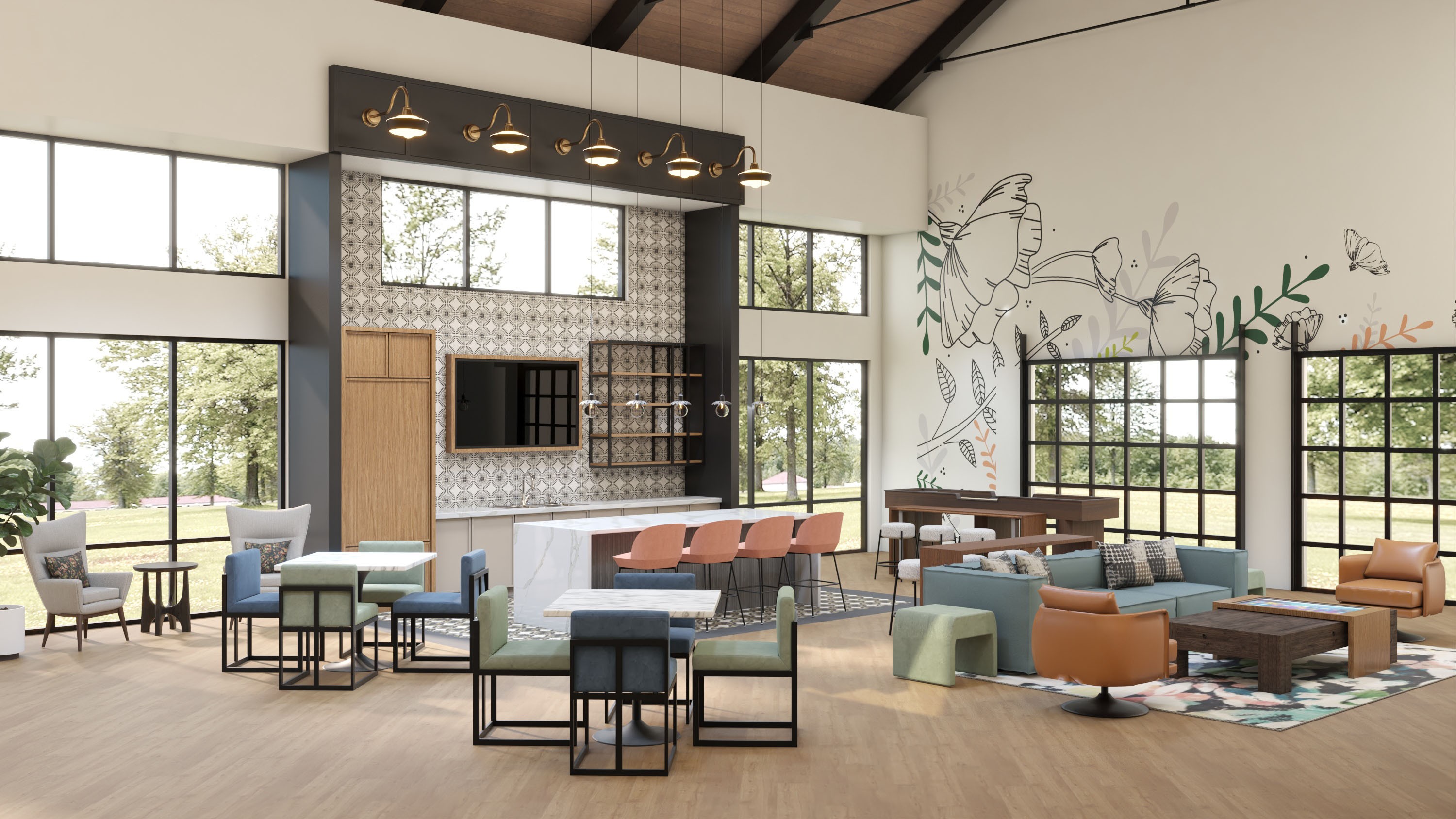 Stylish Lounge with High Ceilings in Flora Community Center Modern lounge with high ceilings, murals, large windows, and stylish furniture in Flora community center.