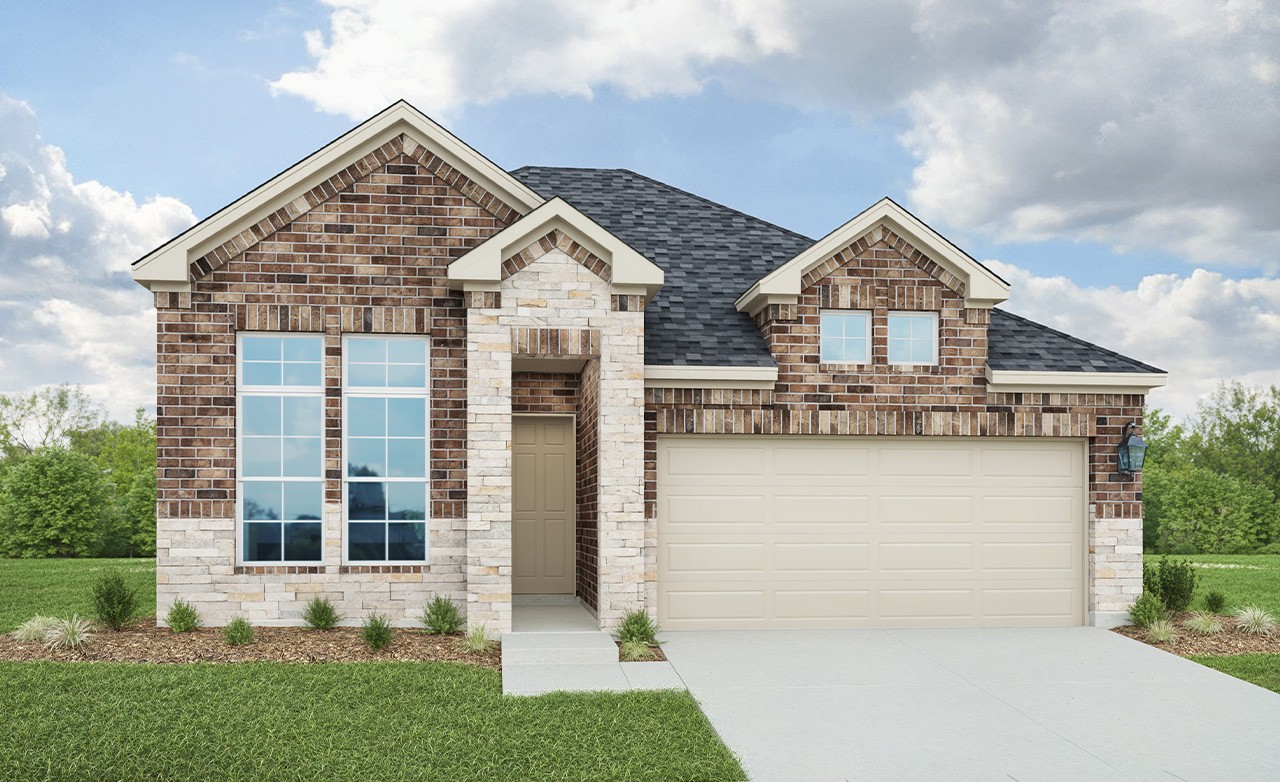 Brick and Stone Home Exterior at Aruba, Ellis Cove Elegant brick exterior home with stone accents, large windows, and garage. Located at Aruba at Ellis Cove.