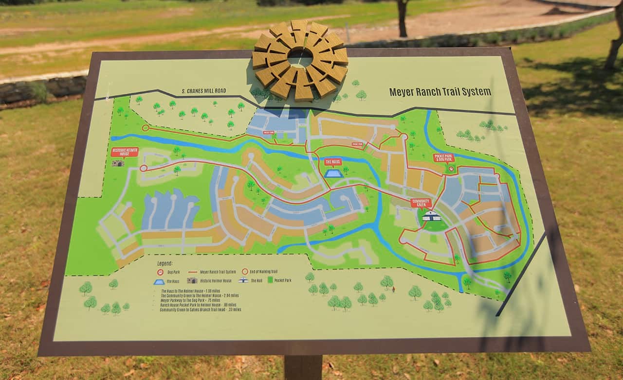 Meyer Ranch Trail Map with Community Features and Parks Meyer Ranch trail map on a park sign with routes, parks, and community areas outlined.