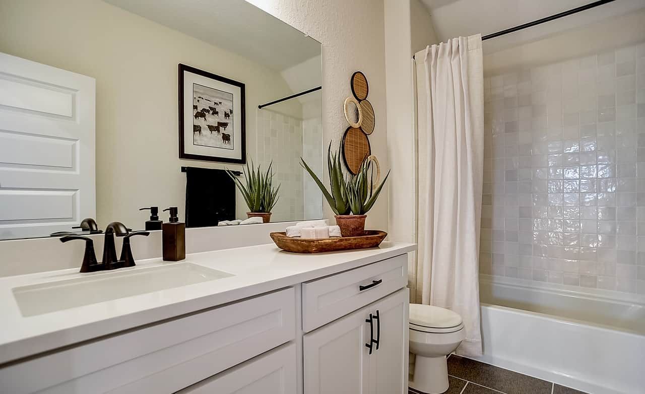 Modern Bathroom with Elegant Fixtures at Casinas at Gruene, Texas Modern bathroom with white vanity, elegant fixtures, and art decor in Casinas at Gruene, Texas.