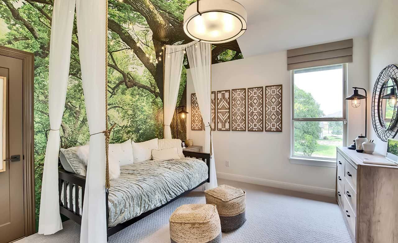 Oaks at San Gabriel Bedroom with Tree Mural and Window View Bedroom with tree mural, modern lighting, elegant decor, window view. Oaks at San Gabriel community.