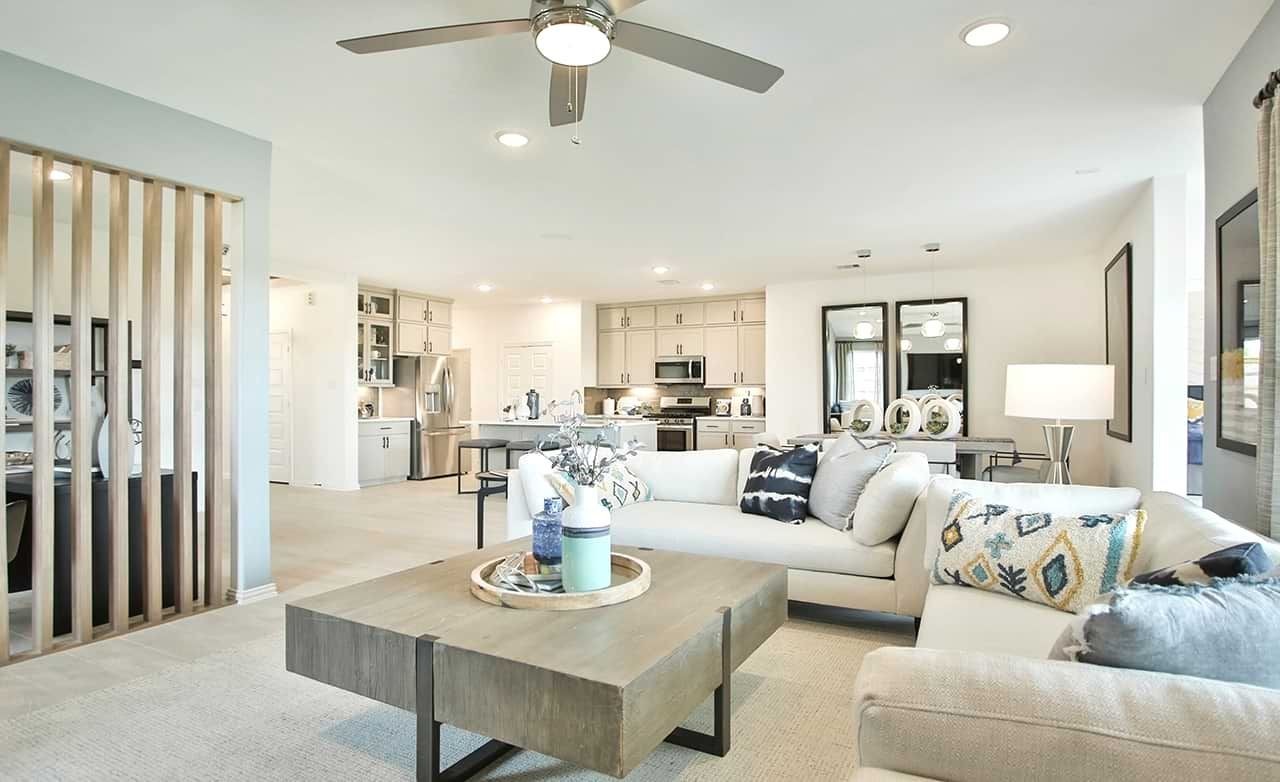 Oakwood Estates Modern Living Area with Luxurious Kitchen Spacious living area in Oakwood Estates with modern kitchen, sleek fixtures, neutral tones, and stylish decor.