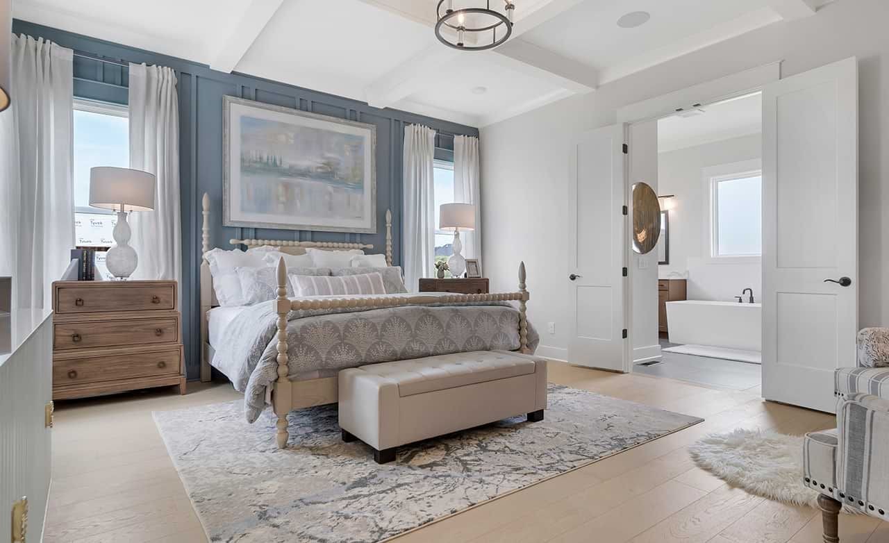 Elegant Bedroom with Ensuite in Richvale Estates Luxury Home Luxurious bedroom with upholstered bed, elegant lighting, ensuite bath in Richvale Estates. Airy design, refined details.