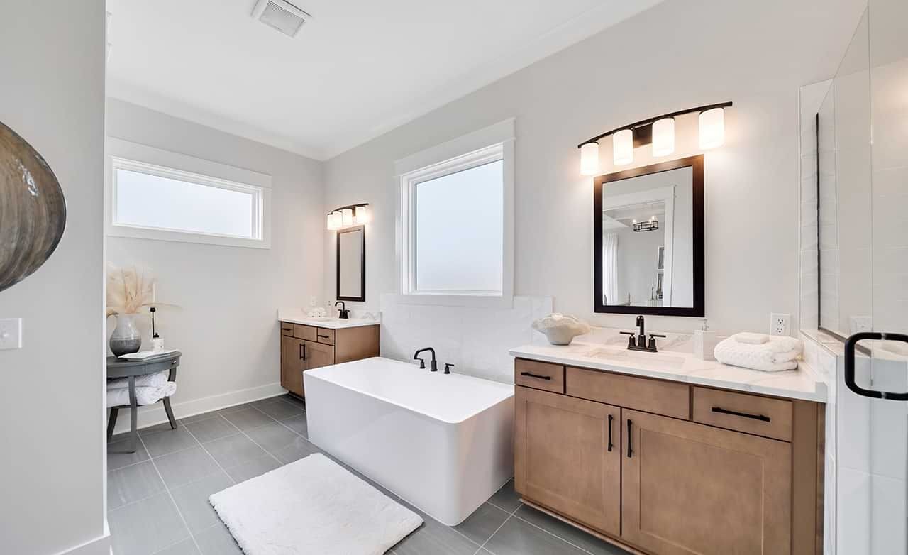 Modern Bathroom Design in Richvale Estates Modern bathroom with freestanding tub, dual sinks, sleek fixtures in Richvale Estates. Elegant design details.