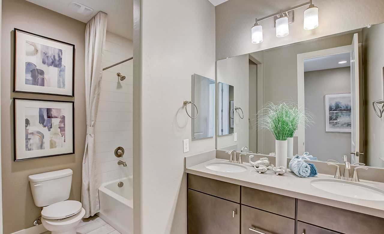 Contemporary Bathroom Design in The Lakes at Rancho El Dorado, Maricopa Modern bathroom with dual sinks, stylish decor, framed art, in The Lakes at Rancho El Dorado, Maricopa.
